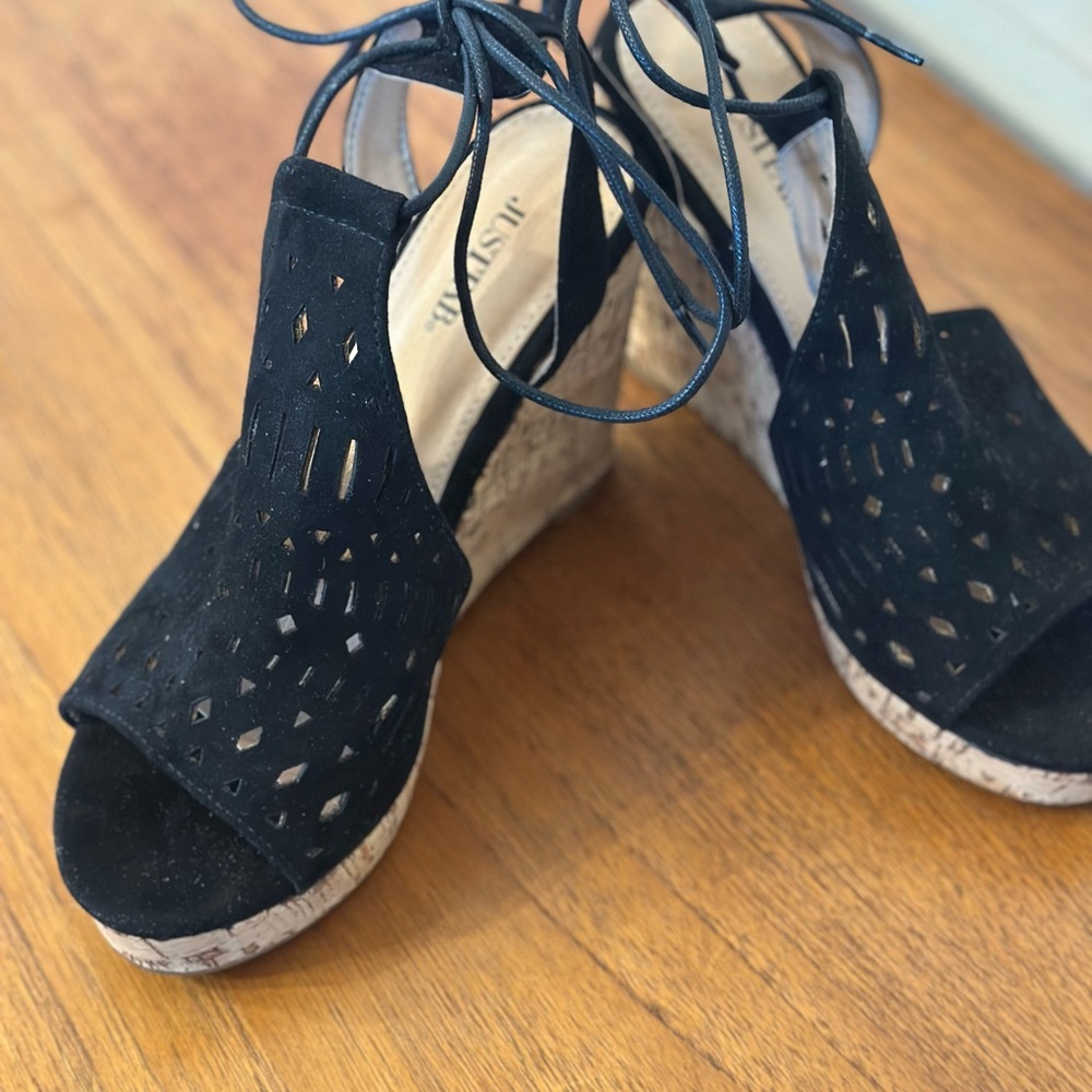 JustFab Black Cutout Wedge Sandals size 8 with a 4 “ heel